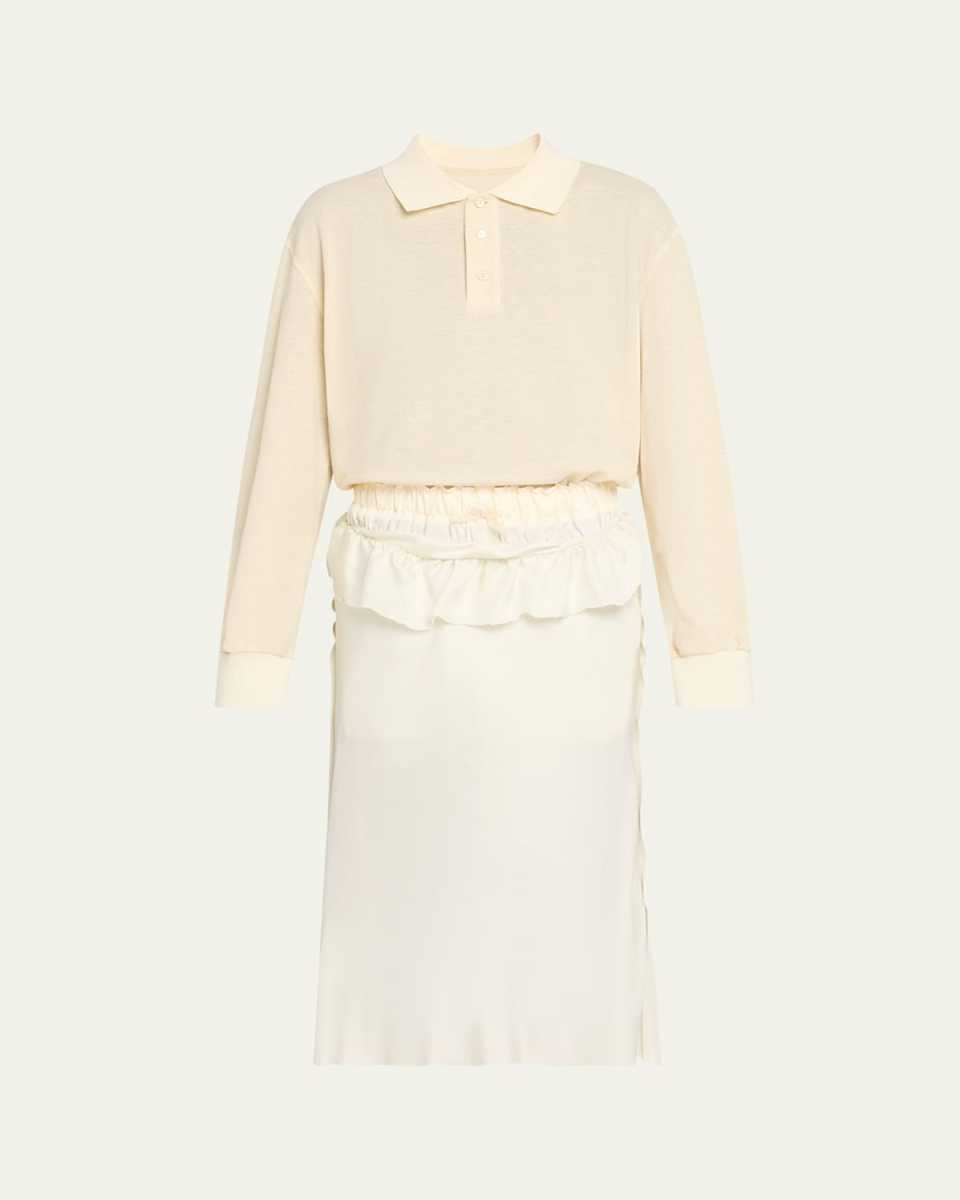 Mixed-Media Silk Midi Polo Dress
